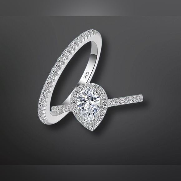 NIB S925 Sterling Silver & CZ Diamond Teardrop Engagement Wedding Ring Set - Picture 5 of 11